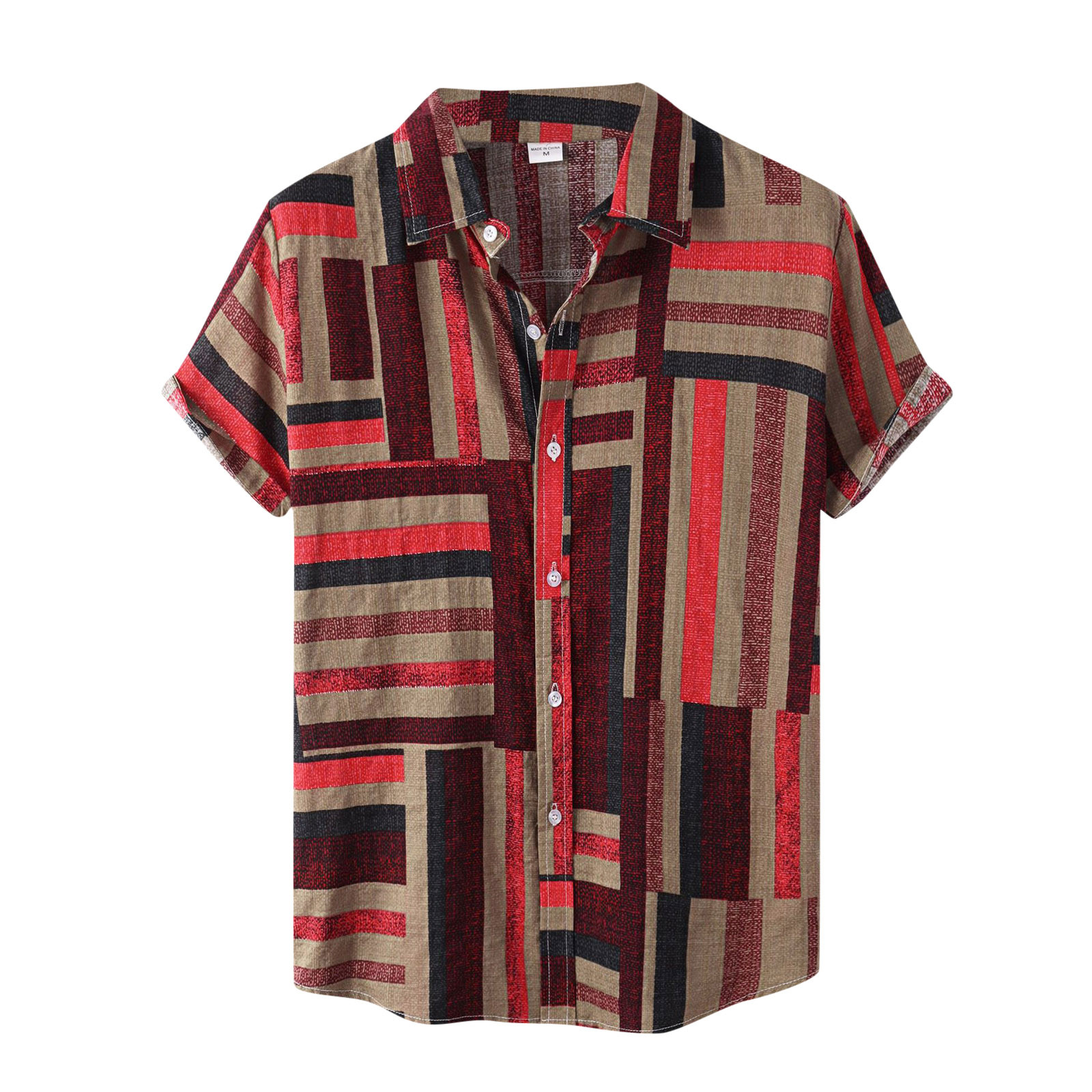 TAIAOJING Men's Casual Shirts Turn-Down Collar Short Sleeve Button Stripe Beach Print Blouse